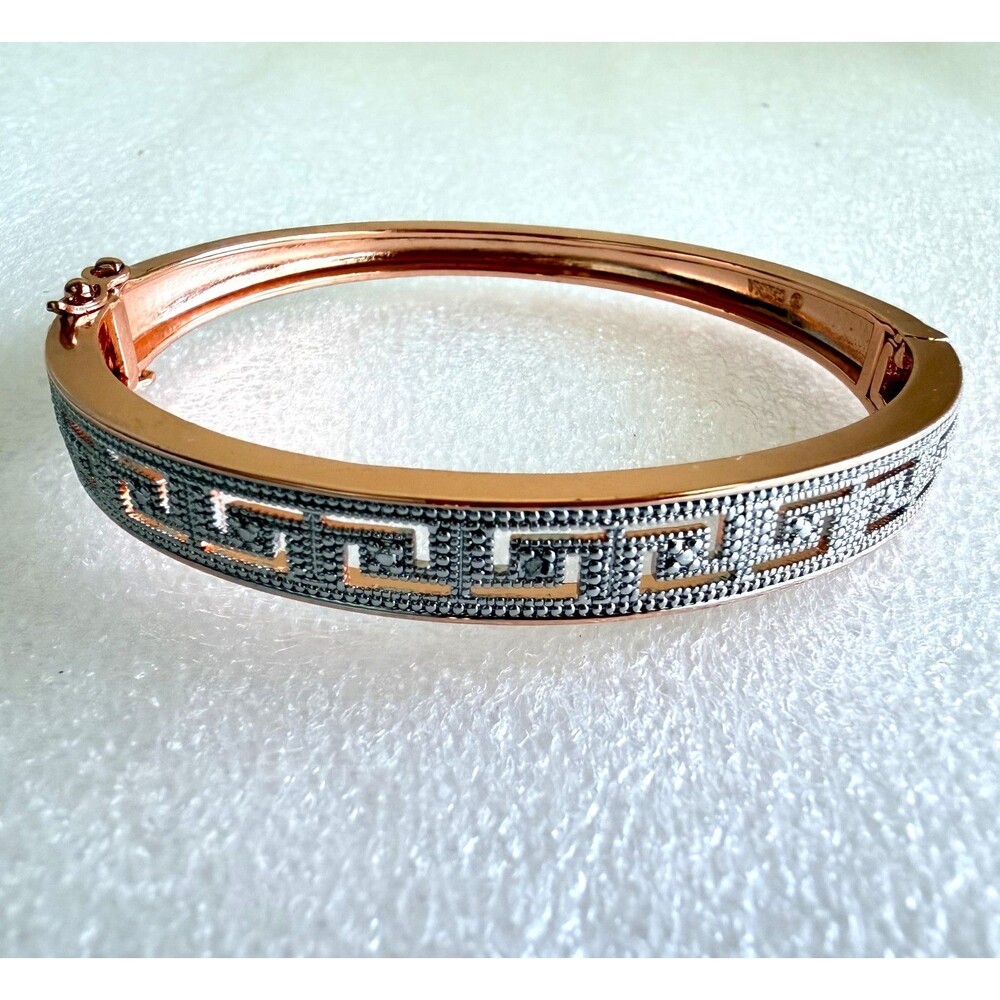 Rose Gold Tone Two Tone Greek Key Hinged Bangle Bracelet Safety Clasp  A stylish